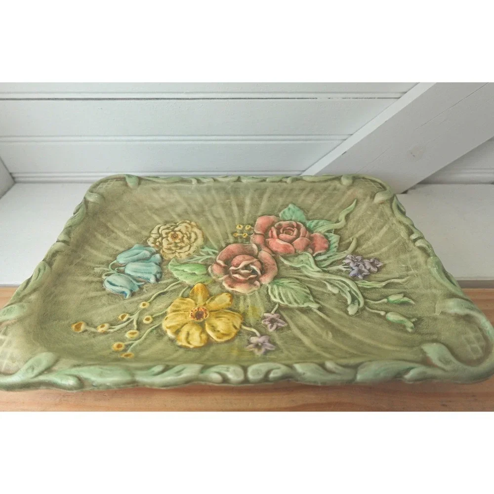 Vintage Ceramic Platter Floral Signed 1968 Floral Boho Cottagecore Vanity Tray